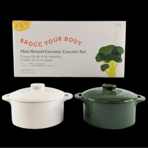 Mini Round Ceramic Cocotte Set with Lids - White and Green